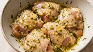 Morceaux de poulet cru enrobés de marinade citron-herbes dans un saladier