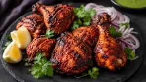 Poulet tandoori rôti au four, morceaux dorés et épicés avec citron et oignon rouge
