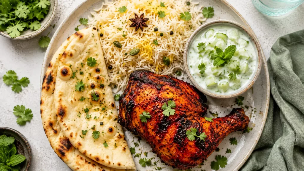 Poulet tandoori servi avec riz basmati, naan et raïta concombre-menthe