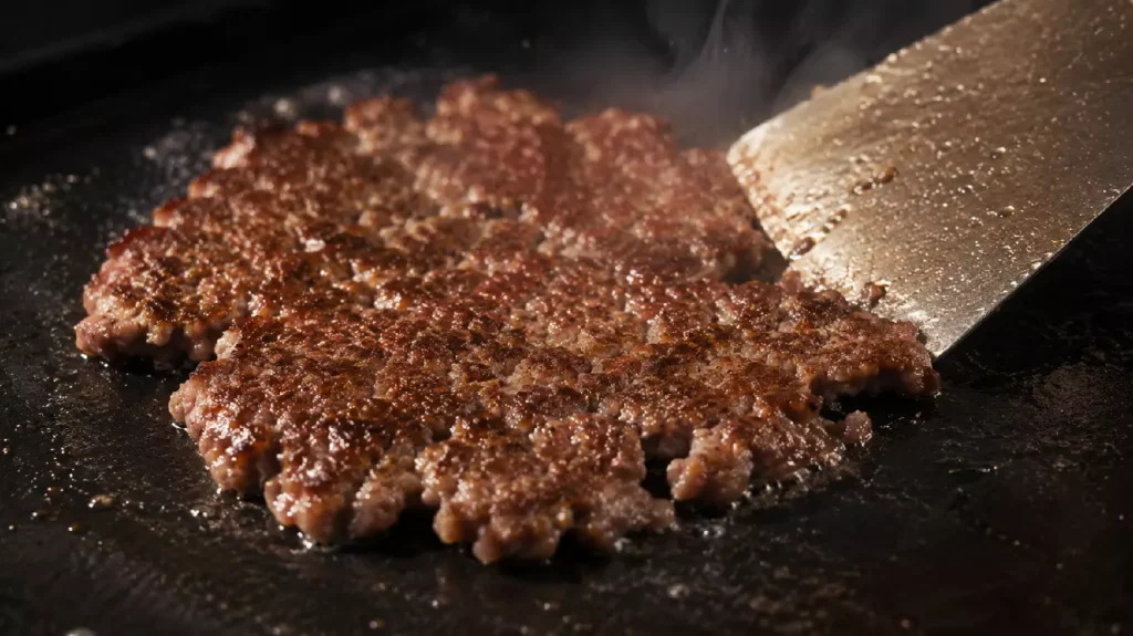 Galette de smash burger en cuisson sur une poêle en fonte brûlante