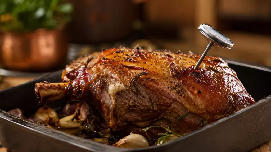 Température à cœur d'un méchoui d'agneau mesurée au thermomètre à sonde
