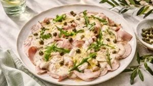 Vitello tonnato dressé : fines tranches de veau nappées de sauce tonnata, câpres et roquette