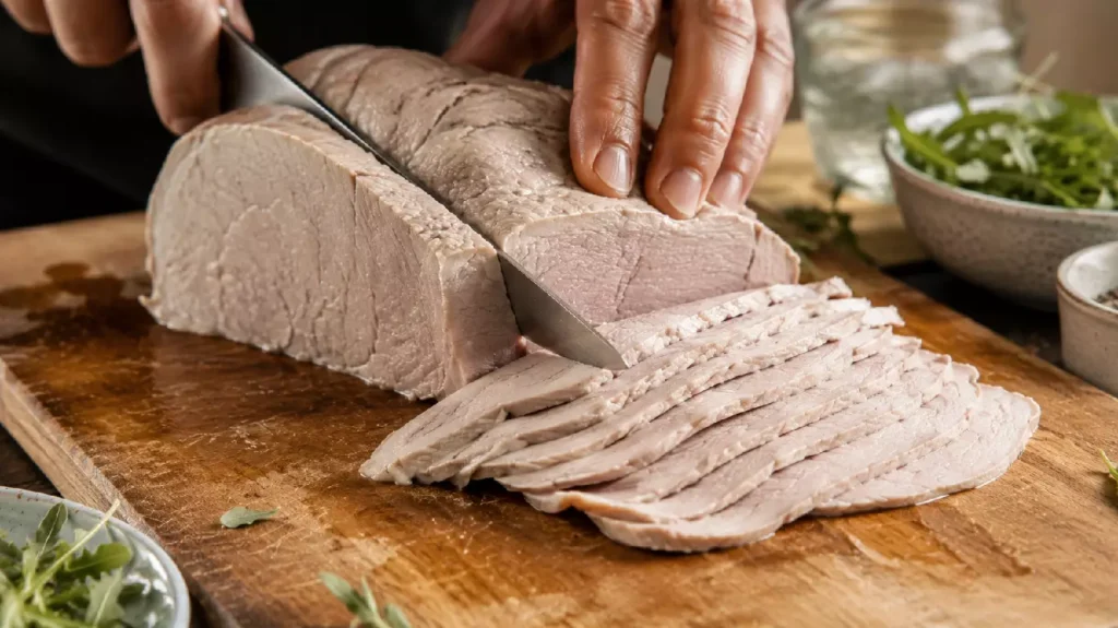 Tranchage fin du veau poché froid pour un vitello tonnato